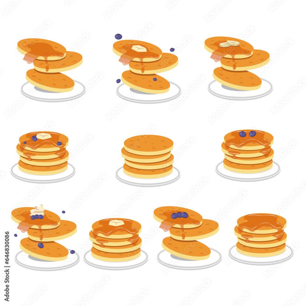 Set of ten pancakes with various toppings on a white plate on a white background Set of ten pancakes with various toppings on a white plate on a white background