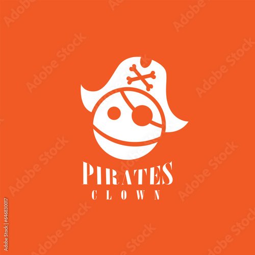 funny pirates clown skull with pirates hat logo design. isolated orange background