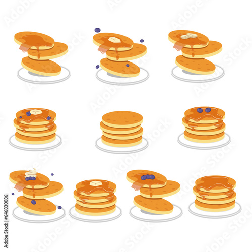 Set of ten pancakes with various toppings on a white plate on a white background