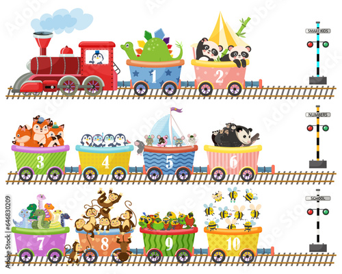 Cartoon funny train with numbers, various animals. Red locomotive, long railroad. Cute panda, smiling fox, glad possum. Concept of cheerful trip. Preschool, kindergarten education. Vector illustration
