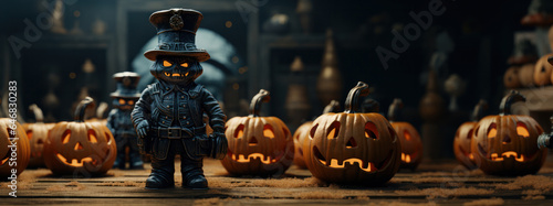 An army of pumpkins is commanded by a toy soldier. Halloween background , Generative AI photo