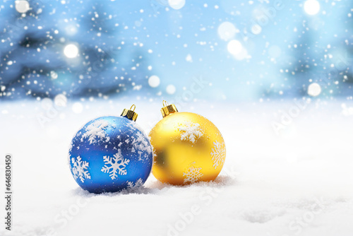 Yellow and blue Christmas round ornaments in the snow