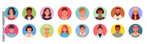 Collection of diverse people avatars in circles. Vector illustration of multiethnic user portraits. Various human face icons. Flat cartoon male and female characters. 