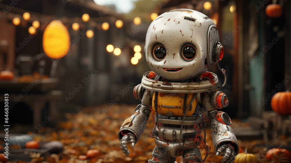 A little robot on Halloween surrounded by pumpkins, Generative AI A little robot on Halloween surrounded by pumpkins, Generative AI