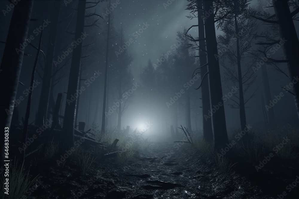 Fototapeta premium foggy and dark woods at night, mystery forest. Magical saturated foggy forest trees landscape. Generative AI