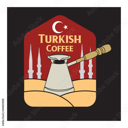 Illustration of Turkish coffee in a cezve or ibrik, coffee pot, boiled over hot sand.