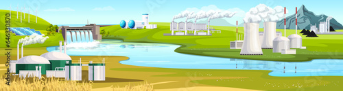Various energy station. Set of nuclear, solar, biomass, geothermal, hydrogen, wind, hydroelectric, coal, battery storage. Electricity production. Picturesque landscape, mountain. Vector illustration