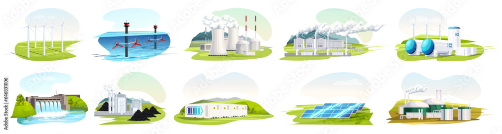 Set of various energy station. Collection of nuclear, solar, biomass, geothermal, hydrogen, wind, hydroelectric, coal, tidal, battery. Electricity production, energy factory. Vector illustration