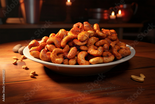a plate of delicious barbecue cashew nuts on the table