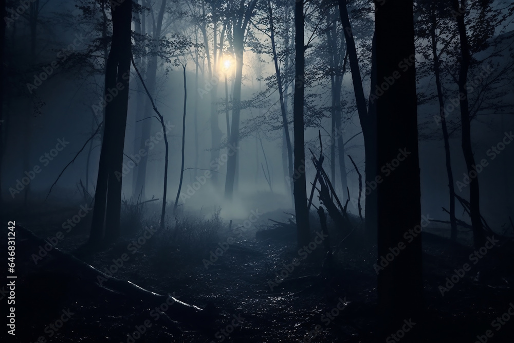 foggy and dark woods at night, mystery forest. Magical saturated foggy forest trees landscape. Generative AI foggy and dark woods at night, mystery forest. Magical saturated foggy forest trees landscape. Generative AI