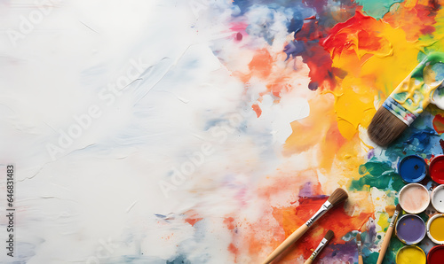 Painting equipment background design view on top, with colorful paint, brush, palette knifes, canvas background, blank space Ai image generative