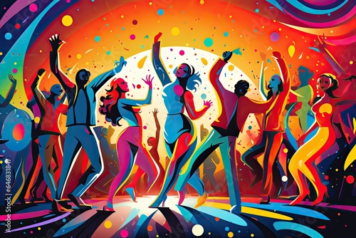 Abstract bright illustration of dancing people in a nightclub or open air party.