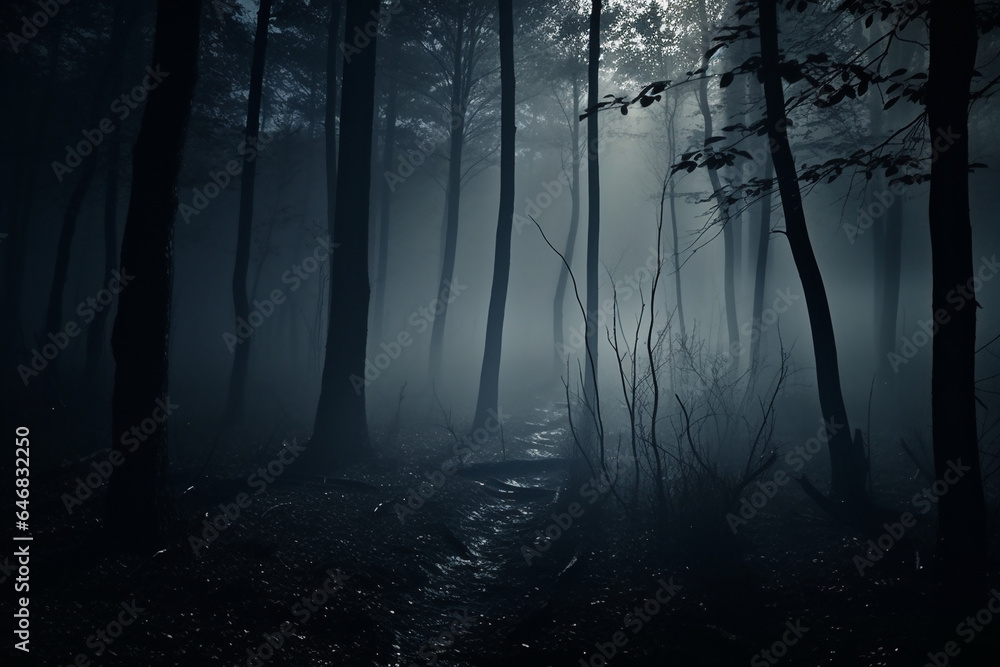 foggy and dark woods at night, mystery forest. Magical saturated foggy forest trees landscape. Generative AI