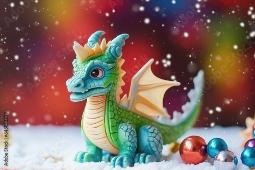 Green wooden dragon figurine with Christmas balls on the snow. New Year symbol.