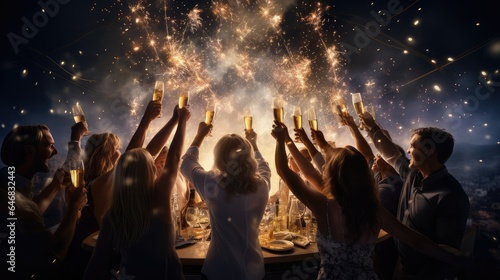 Group of friends celebrating with champagne and sparklers at a party