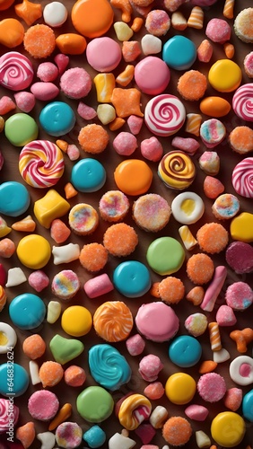 Colorful Mixed collection Top view.  assortment assorted sweet candy different colored round  Close up  background. Many jelly donuts candies gummy.