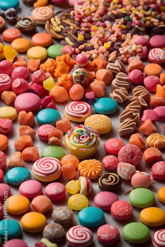 Colorful Mixed collection Top view. assortment assorted sweet candy different colored round, Close up background. Many jelly donuts candies gummy.