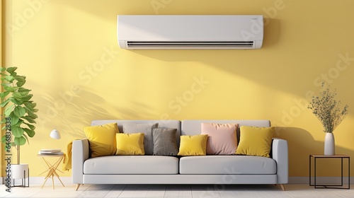 Air conditioner on yellow wall in living room with sofa