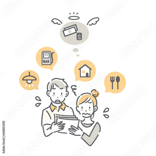 いろいろな値上げに苦しむ若い夫婦　シンプルでお洒落な線画イラスト