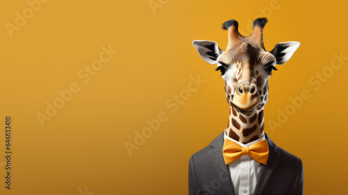 Giraffe in suit and tie on yellow background. Creative marketing campaign concept © ReneLa/Peopleimages - AI