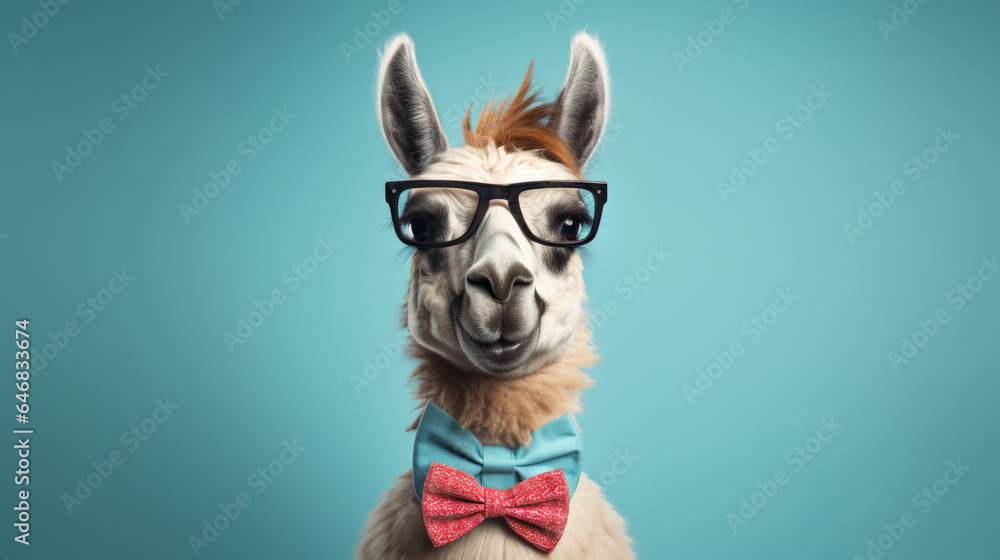 Llama wearing bow tie and glasses on blue background. Creative marketing campaign concept