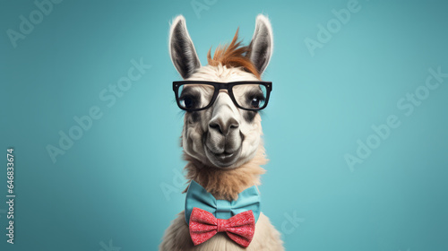 Llama wearing bow tie and glasses on blue background. Creative marketing campaign concept © ReneLa/Peopleimages - AI