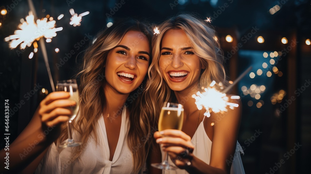 Group of friends celebrating with champagne and sparklers at a party Group of friends celebrating with champagne and sparklers at a party