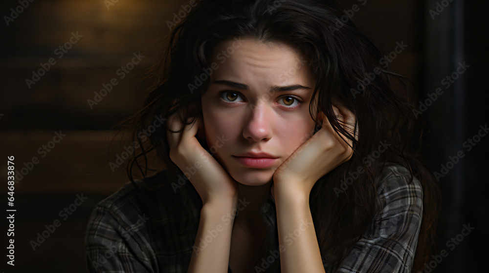 portrait of a sad, worried woman resting her head on her hands, isolated on black portrait of a sad, worried woman resting her head on her hands, isolated on black