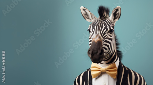 Zebra wearing bow tie and suit on blue background. Creative marketing campaign concept