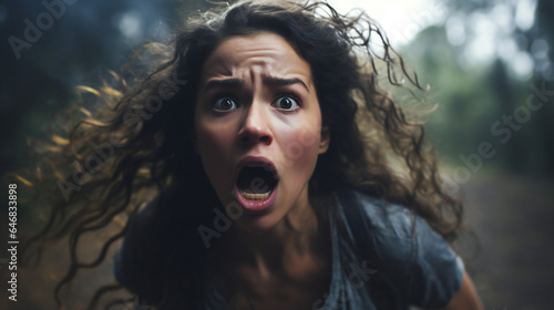portrait of a screaming scared woman, fear showing in eyes, mouth wide open