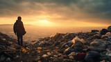 silhouette of a person standing backwards on the landfill full of waste at sunrise