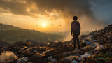 silhouette of a person on the landfill looking at the sunset