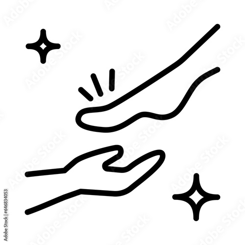 Foot care icon, hand with leg, pedicure, chiropody, massage foots, body health, thin line web symbol on white background. Linear style sign for mobile concept and web design