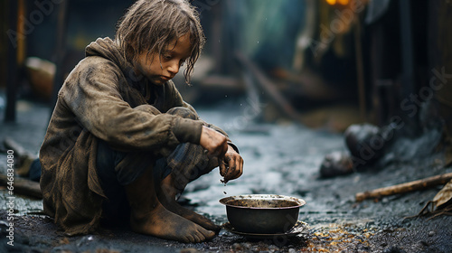 poor homeless and starving child dressed in rags squatting in the muddy street over a bowl of food