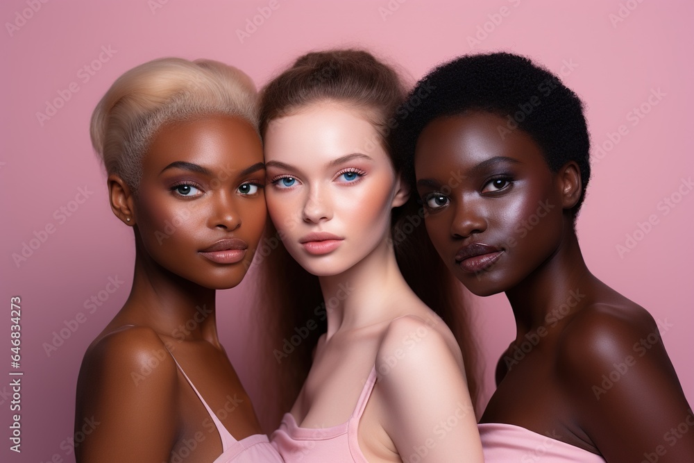 Portrait of three beautiful women with different skin tones on pink background Portrait of three beautiful women with different skin tones on pink background
