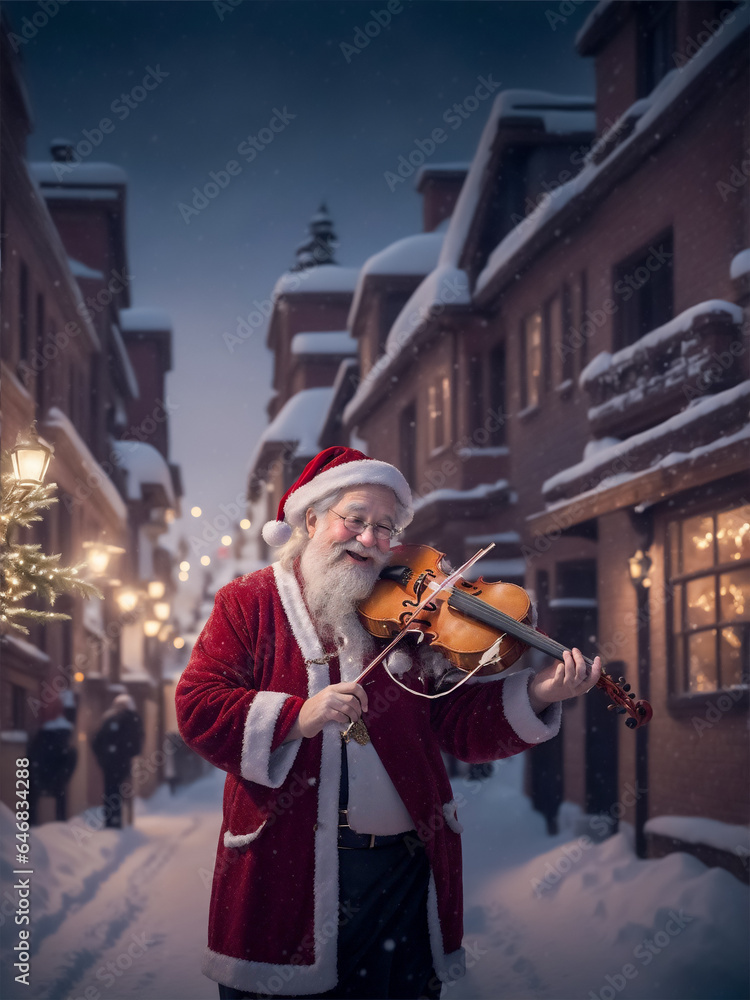 Santa Claus Playing Violin in Snowy Christmas Street