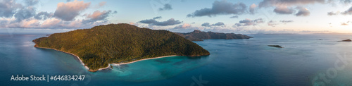 XXL panorama evening aerial wide angle view of Hook Island, part of the Whitsunday Islands group near the Great Barrier Reef in Queensland, Australia. Black and Langford Islands on the right. photo
