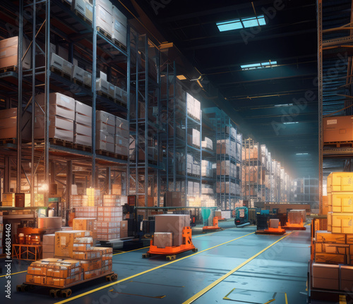 Modern warehouse interior. Rows of shelves with boxes. Logistics.