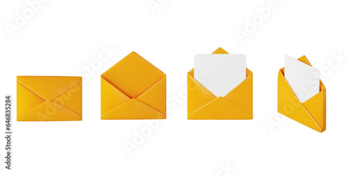 Render of an icon of a yellow open mail envelope, closed, and an envelope with a letter on an isolated white background. Front and isometric views.