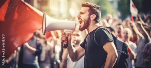 Man activists protesting with a megaphone during a strike. Group of protestors protesting on the street, anti-racism protests and unemployment photo