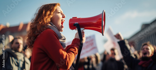 Female activists protesting with a megaphone during a strike. Group of protestors protesting on the street, anti-racism protests and unemployment