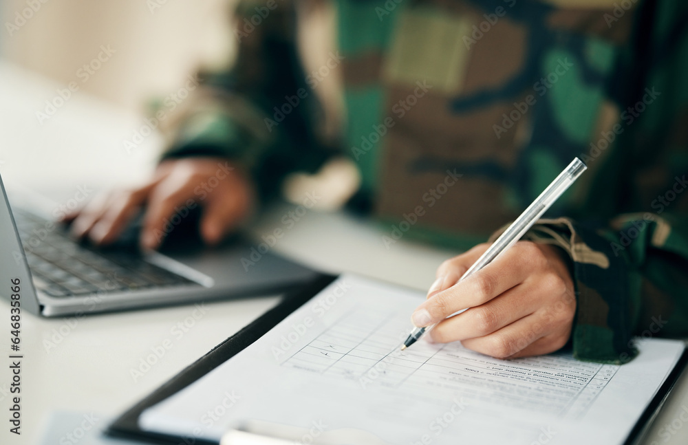 © aLListar/peopleimages.com - Sign, military or hands writing on application or contract, form document for war counselling. Laptop, survey checklist or soldier with history on paperwork or notes for legal agreement or note © aLListar/peopleimages.com - Sign, military or hands writing on application or contract, form document for war counselling. Laptop, survey checklist or soldier with history on paperwork or notes for legal agreement or note