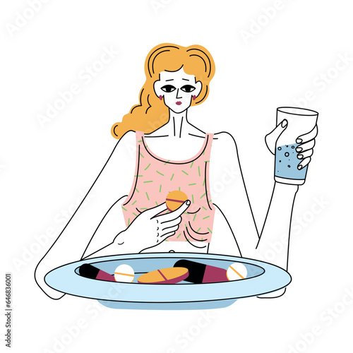 A very thin woman with anorexia, an eating disorder, eats a pill, in front of her is a plate with pills instead of food. Eating disorder concept, abuse of food additives