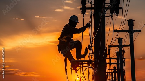 Electrical engineers climb electrical poles to inspect and repair electrical and industrial systems © ttonaorh