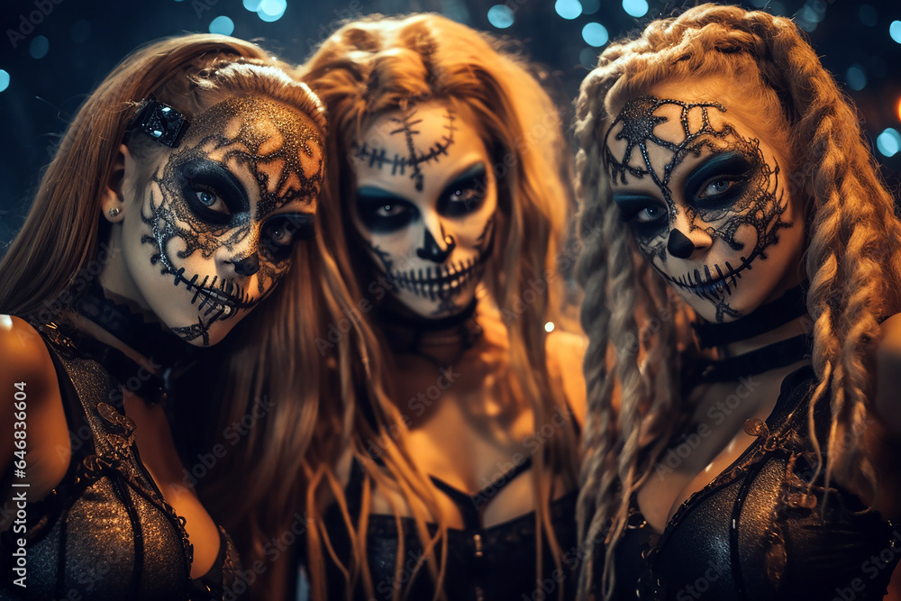 group of young women during halloween with skull makeup. group of young women during halloween with skull makeup.