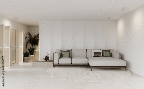 3d rendering of modern living room with grey sofa and palms in pots  decorative wall with embossed panels  carpet on concret floor. Frame mockup  