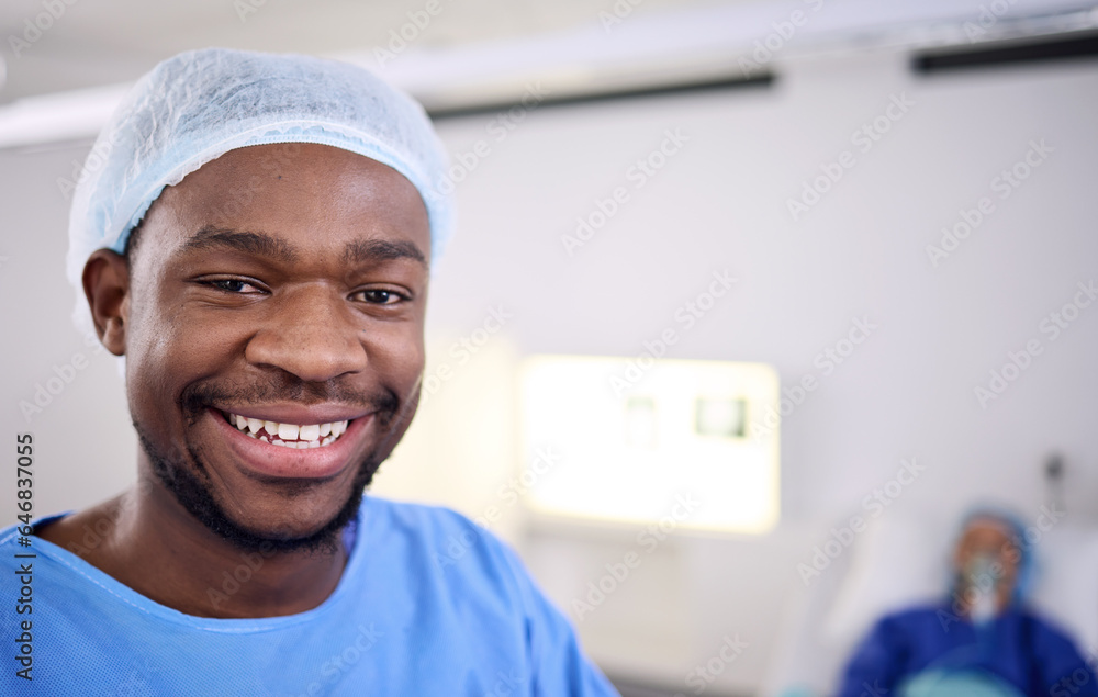 Smile, portrait and black man, surgeon or healthcare expert for patient surgery support, hospital services or medical help. Client, happy and African person, nurse or doctor in operating room theatre Smile, portrait and black man, surgeon or healthcare expert for patient surgery support, hospital services or medical help. Client, happy and African person, nurse or doctor in operating room theatre