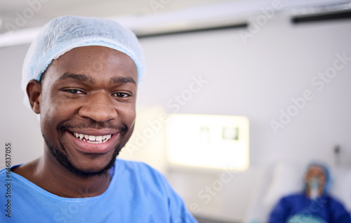Smile, portrait and black man, surgeon or healthcare expert for patient surgery support, hospital services or medical help. Client, happy and African person, nurse or doctor in operating room theatre