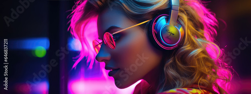 Young woman in neon lights wearing headphones listening to her favorite music.