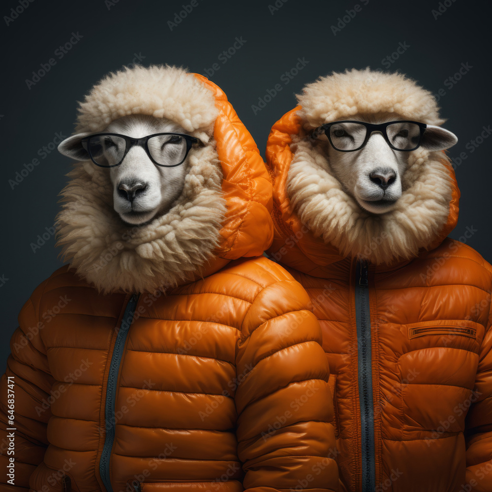 Sheep in jacket and glasses on dark background. Creative marketing campaign concept